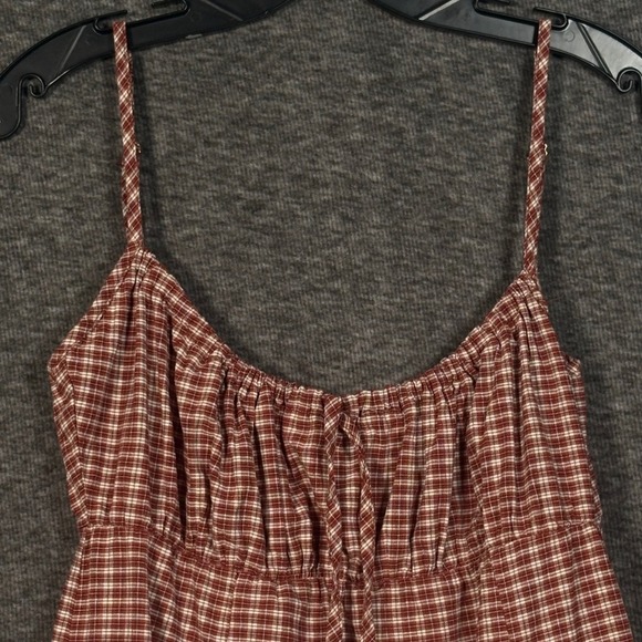 UNIF Plaid Cotton Mini Dress Burgundy Beige Check Spaghetti Strap Medium - Picture 2 of 11